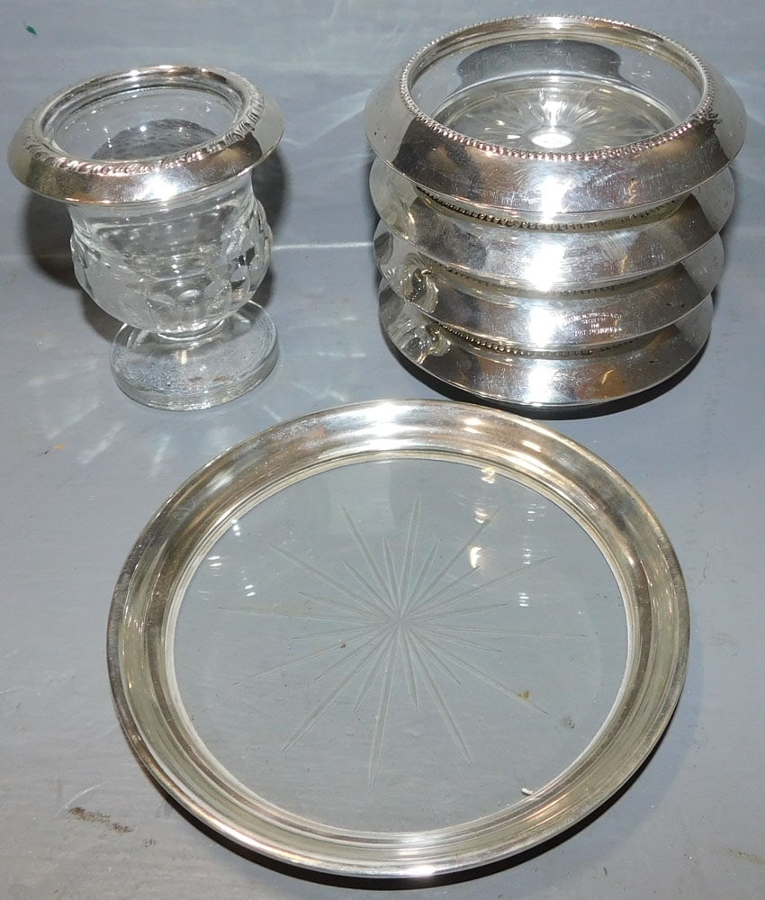 Lot Sterling Rimmed Coasters & Tooth Pick Holder: Lot Sterling Rimmed Coasters & Tooth Pick Holder. ALL DESCRIPTIONS AND ANY CONDITION STATEMENT GIVEN BY LANGSTON AUCTION GALLERY ARE STRICTLY OPINIONS AND LANGSTON'S SHALL HAVE NO RESPONSIBILITY FOR E
