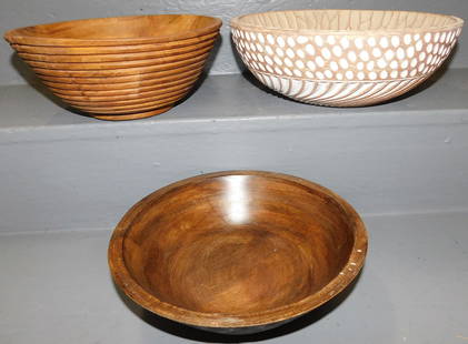 Three Wood Carved Decorator Bowls: Three Wood Carved Decorator Bowls. 11 1/2" Dia ALL DESCRIPTIONS AND ANY CONDITION STATEMENT GIVEN BY LANGSTON AUCTION GALLERY ARE STRICTLY OPINIONS AND LANGSTON'S SHALL HAVE NO RESPONSIBILITY FOR ERRO