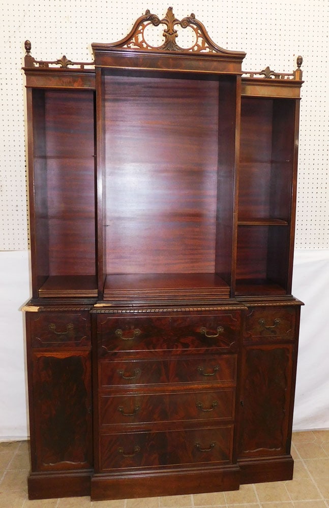 Mahogany Two Part Cabinet With Drop Front Writing Slide: Mahogany Two Part Cabinet With Drop Front Writing Slide. 49" W 17" D 84 1/4" H ALL DESCRIPTIONS AND ANY CONDITION STATEMENT GIVEN BY LANGSTON AUCTION GALLERY ARE STRICTLY OPINIONS AND LANGSTON'S SHALL
