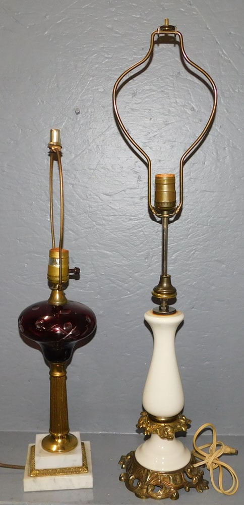 Ruby Cut To Clear Marble Base Lamp & Porcelain Lamp (1 of 4)