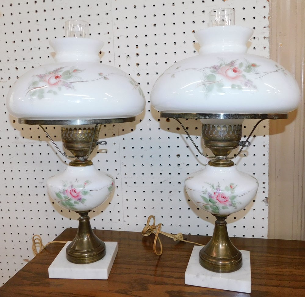 Pair Painted Glass Gone With The Wind Style Lamps (1 of 3)