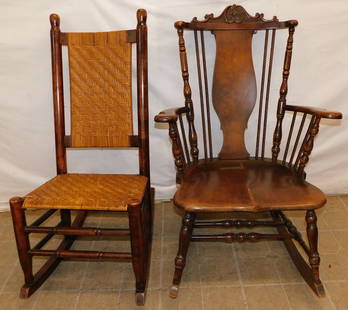 Two Antique Rocking Chairs: Two Antique Rocking Chairs. 38" H ALL DESCRIPTIONS AND ANY CONDITION STATEMENT GIVEN BY LANGSTON AUCTION GALLERY ARE STRICTLY OPINIONS AND LANGSTON'S SHALL HAVE NO RESPONSIBILITY FOR ERRORS OR OMISSIO