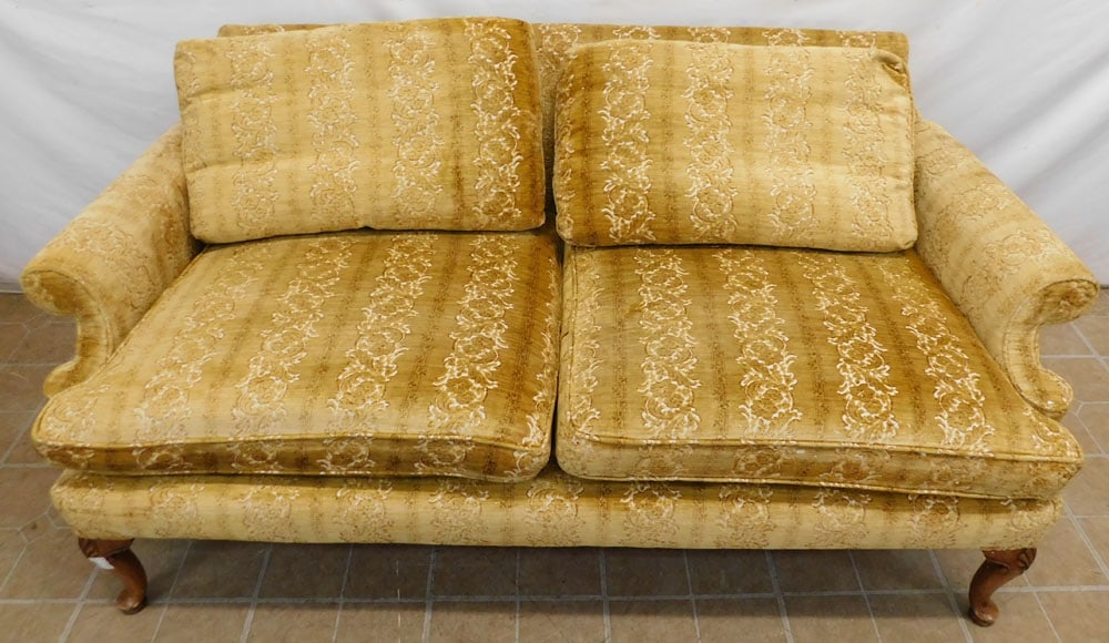 Walnut Carved Settee By W & J Sloane: Walnut Carved Settee By W & J Sloane. 64" W 33" D 28" H ALL DESCRIPTIONS AND ANY CONDITION STATEMENT GIVEN BY LANGSTON AUCTION GALLERY ARE STRICTLY OPINIONS AND LANGSTON'S SHALL HAVE NO RESPONSIBILITY