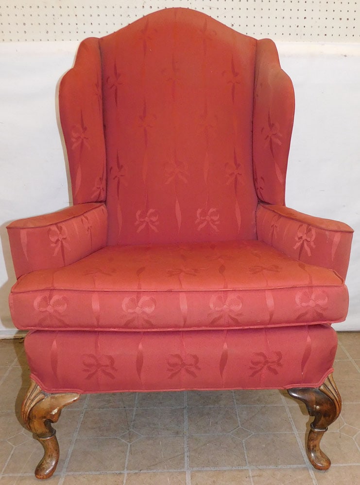 Queen Ann Style Upholstered Wing Back Chair (1 of 4)