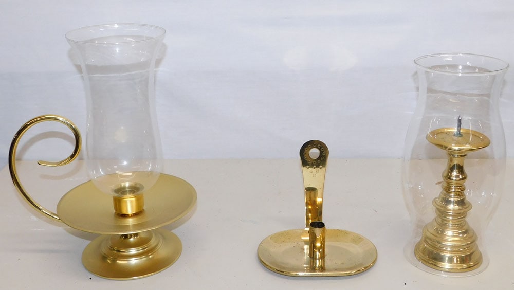 Lot Brass Candle Holders With Glass Shades: Lot Brass Candle Holders With Glass Shades. 11 1/2" H ALL DESCRIPTIONS AND ANY CONDITION STATEMENT GIVEN BY LANGSTON AUCTION GALLERY ARE STRICTLY OPINIONS AND LANGSTON'S SHALL HAVE NO RESPONSIBILITY F