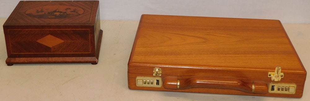 Mahogany Inlay Dresser Box & Teak Wood Brief Case: Mahogany Inlay Dresser Box & Teak Wood Brief Case. 20 1/4" Long ALL DESCRIPTIONS AND ANY CONDITION STATEMENT GIVEN BY LANGSTON AUCTION GALLERY ARE STRICTLY OPINIONS AND LANGSTON'S SHALL HAVE NO RESPON