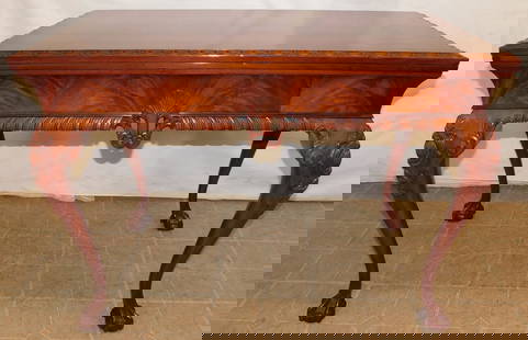 Mahogany Carved Fold Over Top Game Table With Ball & Claw Feet: Mahogany Carved Fold Over Top Game Table With Ball & Claw Feet. 40 1/2" W 21 1/2" D 30 3/4" H ALL DESCRIPTIONS AND ANY CONDITION STATEMENT GIVEN BY LANGSTON AUCTION GALLERY ARE STRICTLY OPINIONS AND L
