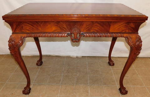 Mahogany Carved Fold Over Top Game Table With Ball & Claw Feet: Mahogany Carved Fold Over Top Game Table With Ball & Claw Feet. 40 1/2" W 21 1/2" D 30 3/4" H ALL DESCRIPTIONS AND ANY CONDITION STATEMENT GIVEN BY LANGSTON AUCTION GALLERY ARE STRICTLY OPINIONS AND L