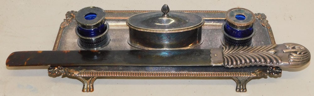 Sheffield Ink Well & Letter Opener: Sheffield Ink Well & Letter Opener. 15 1/4" Long ALL DESCRIPTIONS AND ANY CONDITION STATEMENT GIVEN BY LANGSTON AUCTION GALLERY ARE STRICTLY OPINIONS AND LANGSTON'S SHALL HAVE NO RESPONSIBILITY FOR ER