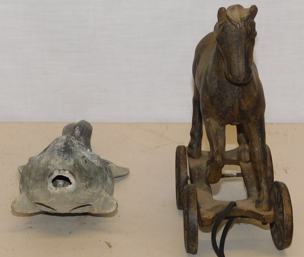 Cast Iron Horse Pull Toy & Metal Fish Form Flower Frog (1 of 3)