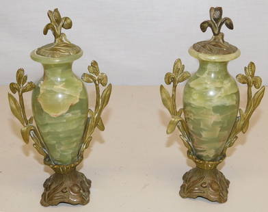 Pair Bronze & Onyx Urns: Pair Bronze & Onyx Urns. 8" H ALL DESCRIPTIONS AND ANY CONDITION STATEMENT GIVEN BY LANGSTON AUCTION GALLERY ARE STRICTLY OPINIONS AND LANGSTON'S SHALL HAVE NO RESPONSIBILITY FOR ERRORS OR OMISSIONS.