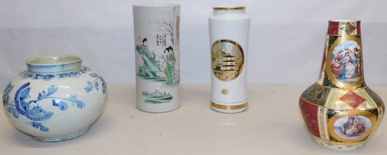 Three Oriental Porcelain Vases - One Royal Vienna Vase: Three Oriental Porcelain Vases - One Royal Vienna Vase . 11" H ALL DESCRIPTIONS AND ANY CONDITION STATEMENT GIVEN BY LANGSTON AUCTION GALLERY ARE STRICTLY OPINIONS AND LANGSTON'S SHALL HAVE NO RESPONS