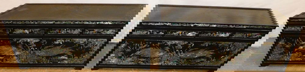 Pair Black Lacquered Abalone Inlay Table Top Cabinets: Pair Black Lacquered Abalone Inlay Table Top Cabinets. 36" W 13" D 14 1/2" H ALL DESCRIPTIONS AND ANY CONDITION STATEMENT GIVEN BY LANGSTON AUCTION GALLERY ARE STRICTLY OPINIONS AND LANGSTON'S SHALL H
