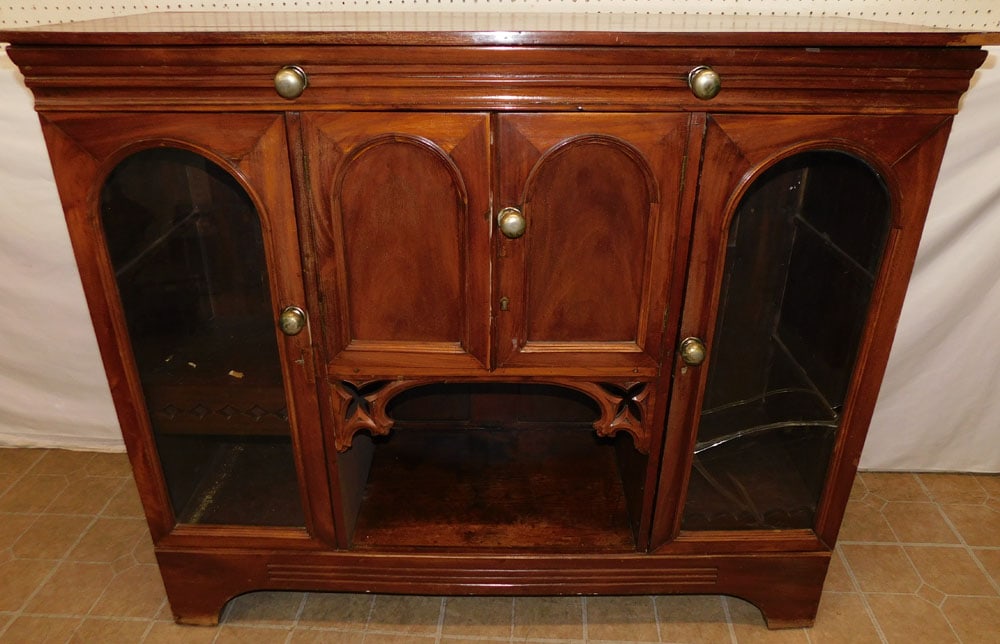 Antique Mahogany One Door Cabinet - (Glass As Is ): Antique Mahogany One Door Cabinet - (Glass As Is ). 52" W 19": D 46" H ALL DESCRIPTIONS AND ANY CONDITION STATEMENT GIVEN BY LANGSTON AUCTION GALLERY ARE STRICTLY OPINIONS AND LANGSTON'S SHALL HAVE NO