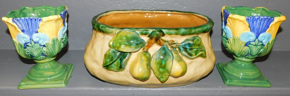 Pair of Majolica Cache Pots & Porcelain Jardiniere (1 of 3)