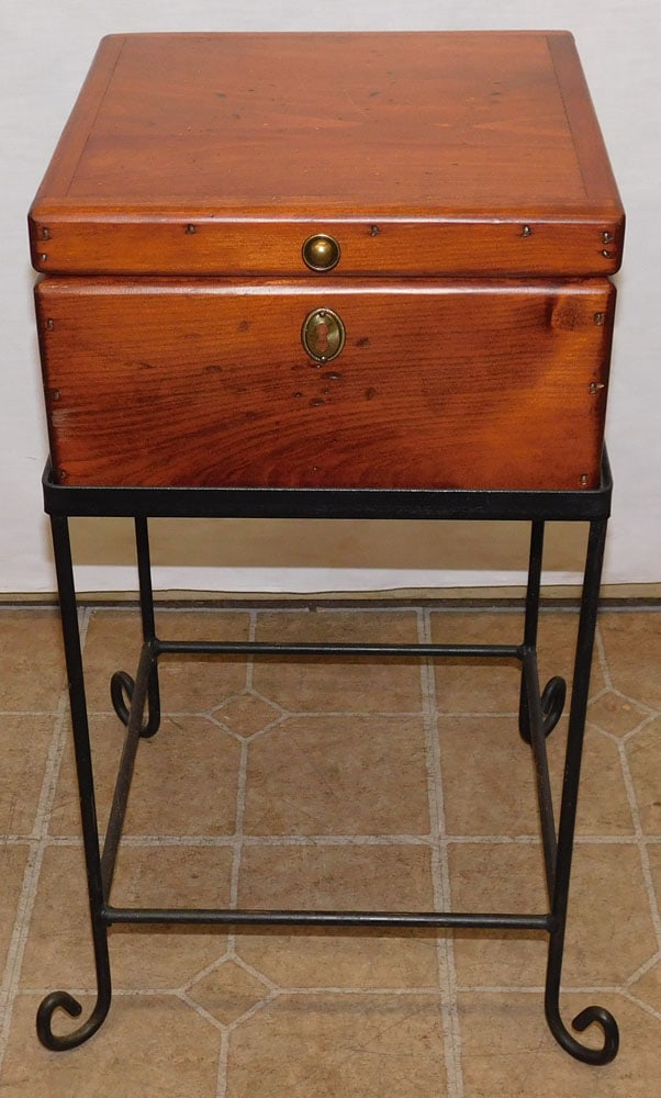Pine Box on Wrought Iron Stand: Pine Box on Wrought Iron Stand . 12 1/2" W 12" D 23" H ALL DESCRIPTIONS AND ANY CONDITION STATEMENT GIVEN BY LANGSTON AUCTION GALLERY ARE STRICTLY OPINIONS AND LANGSTON'S SHALL HAVE NO RESPONSIBILITY
