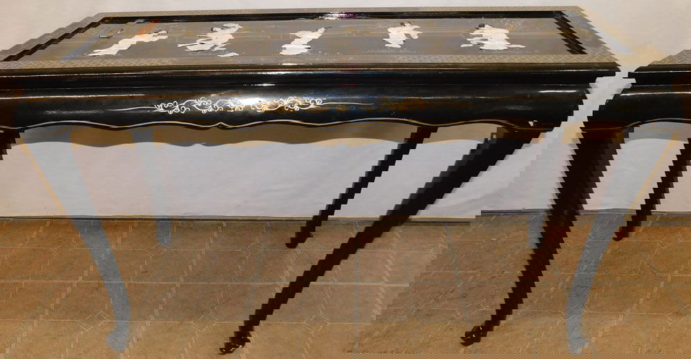 Oriental Black Lacquered Console Table With High Relief Top (1 of 4)