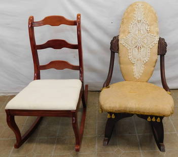 Two Mahogany Rocking Chairs: Two Mahogany Rocking Chairs. 36 1/2" H ALL DESCRIPTIONS AND ANY CONDITION STATEMENT GIVEN BY LANGSTON AUCTION GALLERY ARE STRICTLY OPINIONS AND LANGSTON'S SHALL HAVE NO RESPONSIBILITY FOR ERRORS OR OM