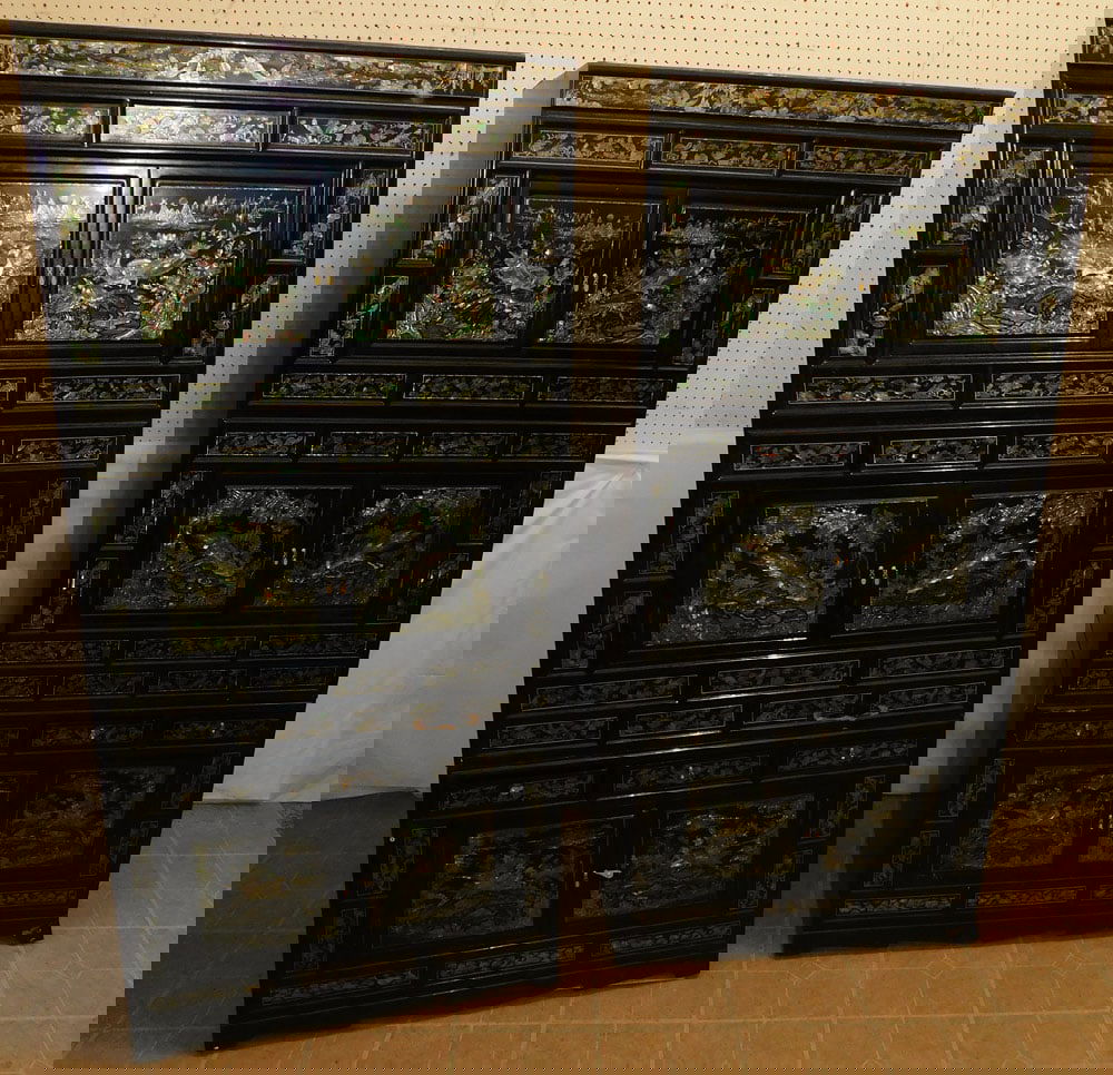 Pair Oriental Black Lacquered Abalone Inlay Cabinets (1 of 7)