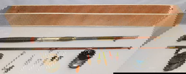 Vintage Fly Fishing Rod With Two Reels In Carrier: Vintage Fly Fishing Rod With Two Reels In Carrier. 48 1/4" Long - Box ALL DESCRIPTIONS AND ANY CONDITION STATEMENT GIVEN BY LANGSTON AUCTION GALLERY ARE STRICTLY OPINIONS AND LANGSTON'S SHALL HAVE NO