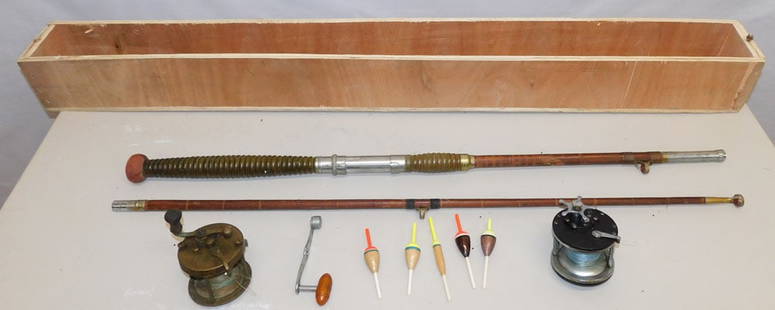 Vintage Fly Fishing Rod With Two Reels  In Carrier: Vintage Fly Fishing Rod With Two Reels In Carrier. 48 1/4" Long - Box ALL DESCRIPTIONS AND ANY CONDITION STATEMENT GIVEN BY LANGSTON AUCTION GALLERY ARE STRICTLY OPINIONS AND LANGSTON'S SHALL HAVE NO