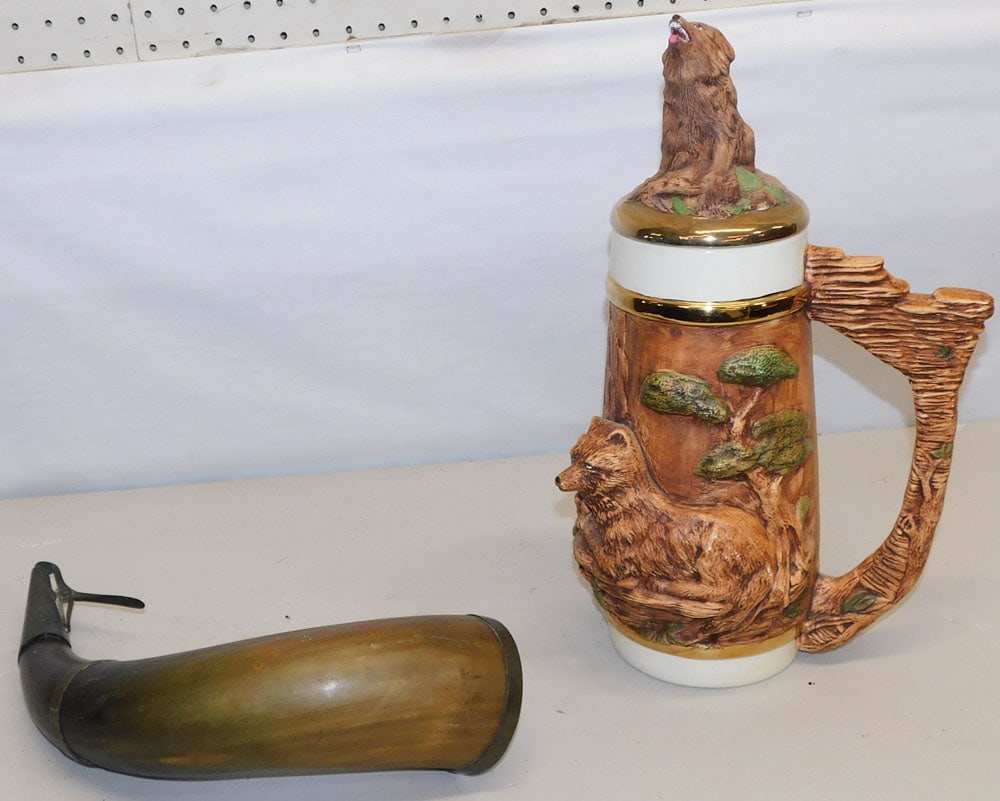 Antique Powder Horn & Ceramic Beer Stein (1 of 6)