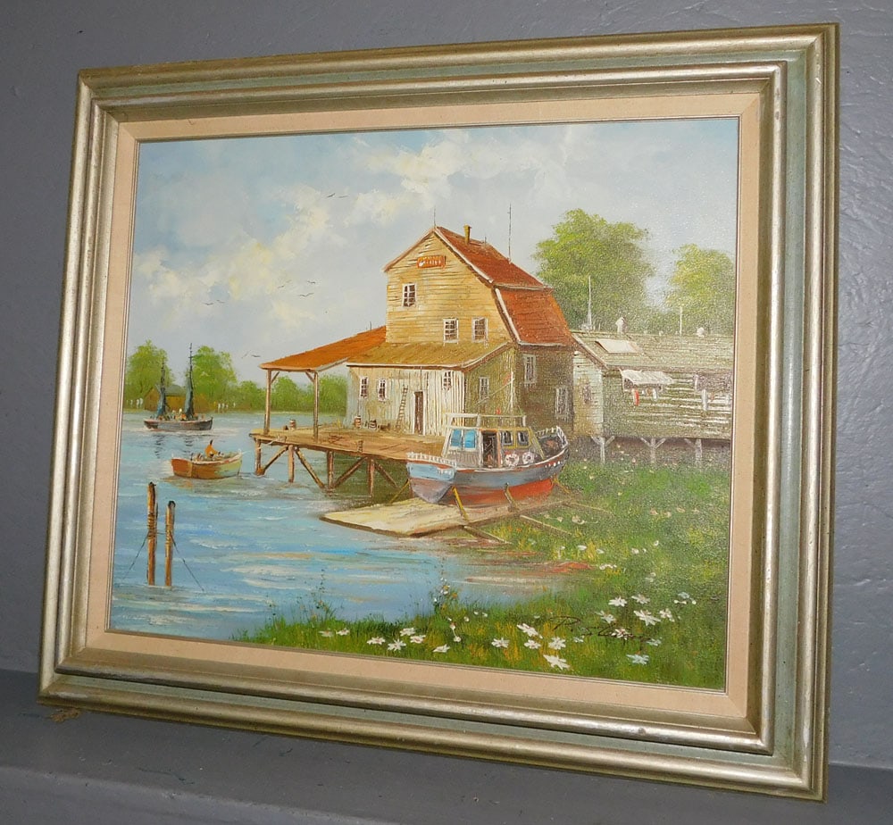 Framed Oil on Canvas Lake Scene Signed (1 of 4)