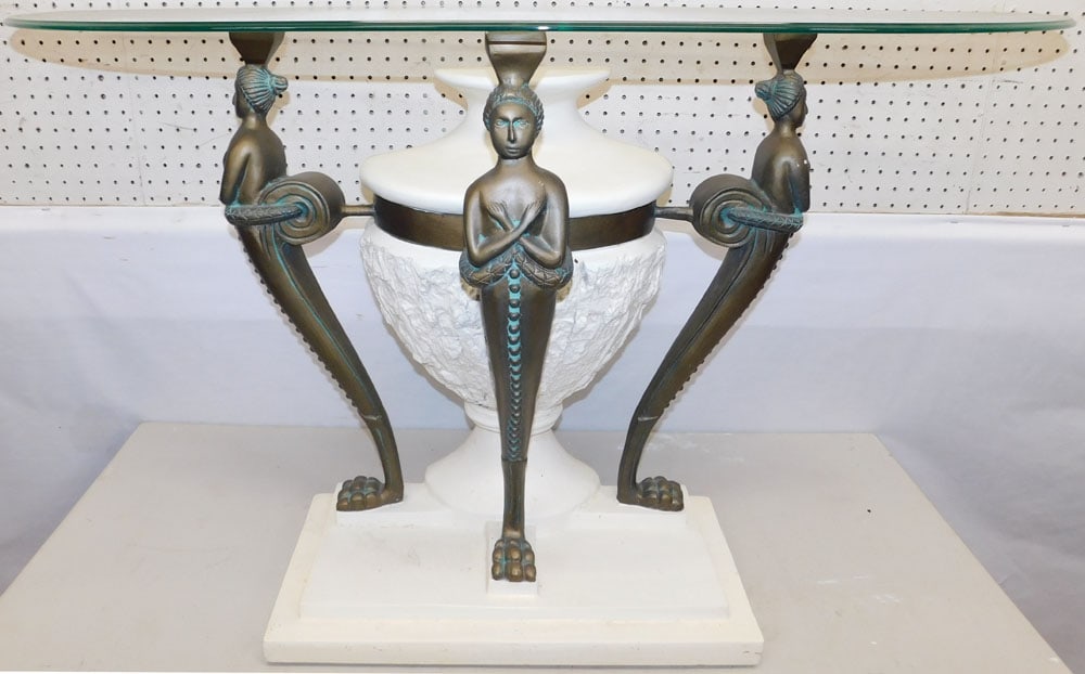 Glass Top Painted Resin Figural Console: Glass Top Painted Resin Figural Console. 48" W 18" D 27 1/2" H ALL DESCRIPTIONS AND ANY CONDITION STATEMENT GIVEN BY LANGSTON AUCTION GALLERY ARE STRICTLY OPINIONS AND LANGSTON'S SHALL HAVE NO RESPONS