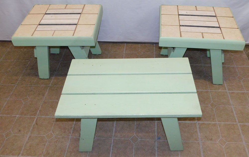 3 Painted Pine Outdoor Tables, (2 with Tile Top) (1 of 11)