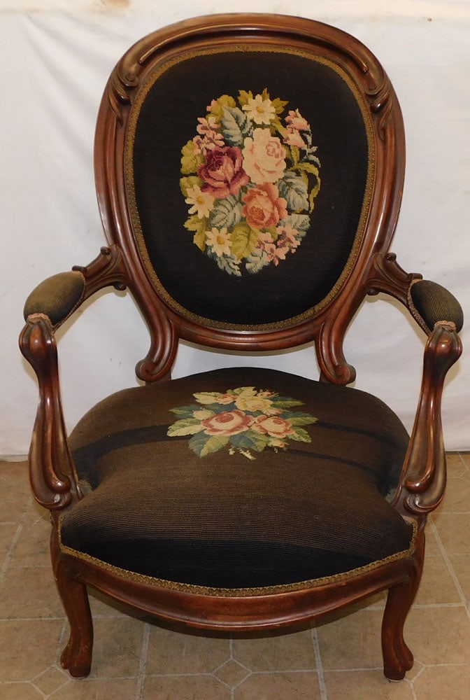 Antique Walnut Victorian Needlepoint Upholstered Arm Chair (1 of 4)