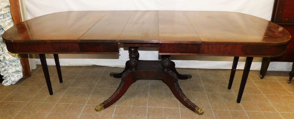 Mahogany Dining Table with 3 Leaves: Mahogany Dining Table with 3 Leaves . 93" W 44" D 30 1/4" H ALL DESCRIPTIONS AND ANY CONDITION STATEMENT GIVEN BY LANGSTON AUCTION GALLERY ARE STRICTLY OPINIONS AND LANGSTON'S SHALL HAVE NO RESPONSIBI