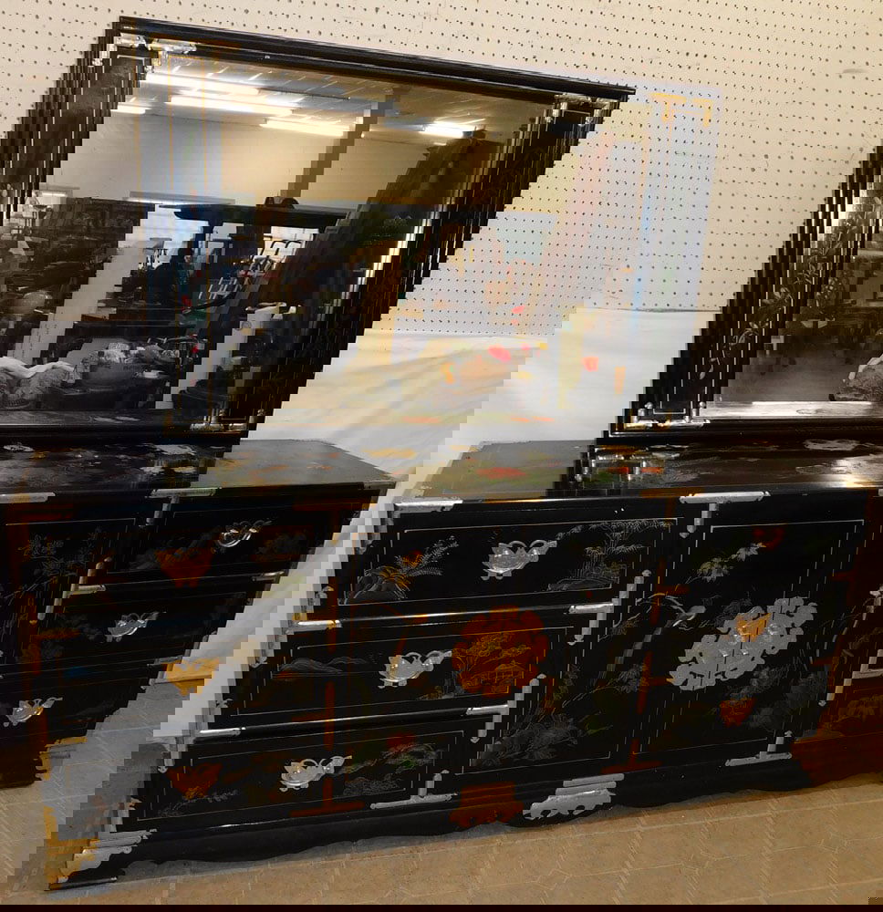 Oriental Black Lacquered & Paint Decorated Dresser with Mirror (1 of 7)