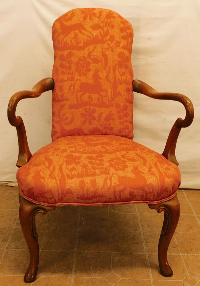 Mahogany Upholstered Queen Anne Arm Chair: Mahogany Upholstered Queen Anne Arm Chair . 38 1/2" H ALL DESCRIPTIONS AND ANY CONDITION STATEMENT GIVEN BY LANGSTON AUCTION GALLERY ARE STRICTLY OPINIONS AND LANGSTON'S SHALL HAVE NO RESPONSIBILITY F