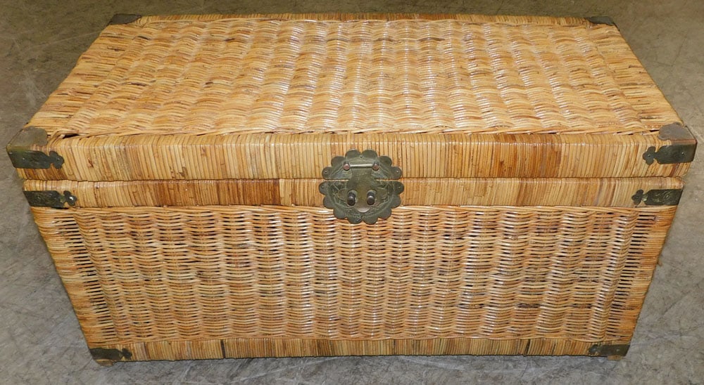 Wicker & Brass Bound Box: Wicker & Brass Bound Box. 32" W 16" D 16" H ALL DESCRIPTIONS AND ANY CONDITION STATEMENT GIVEN BY LANGSTON AUCTION GALLERY ARE STRICTLY OPINIONS AND LANGSTON'S SHALL HAVE NO RESPONSIBILITY FOR ERRORS