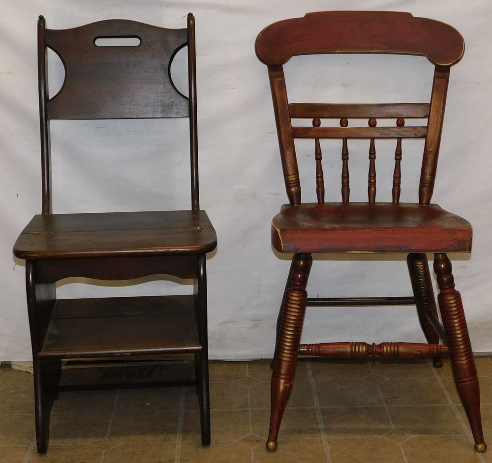 2 Maple Side Chairs & Chair Combination Library Steps: 2 Maple Side Chairs & Chair Combination Library Steps. 34" H ALL DESCRIPTIONS AND ANY CONDITION STATEMENT GIVEN BY LANGSTON AUCTION GALLERY ARE STRICTLY OPINIONS AND LANGSTON'S SHALL HAVE NO RESPONSIB