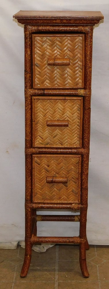 Painted Rattan 3 Drawer Chest: Painted Rattan 3 Drawer Chest . 11" W 9 3/4" D 36" H ALL DESCRIPTIONS AND ANY CONDITION STATEMENT GIVEN BY LANGSTON AUCTION GALLERY ARE STRICTLY OPINIONS AND LANGSTON'S SHALL HAVE NO RESPONSIBILITY FO