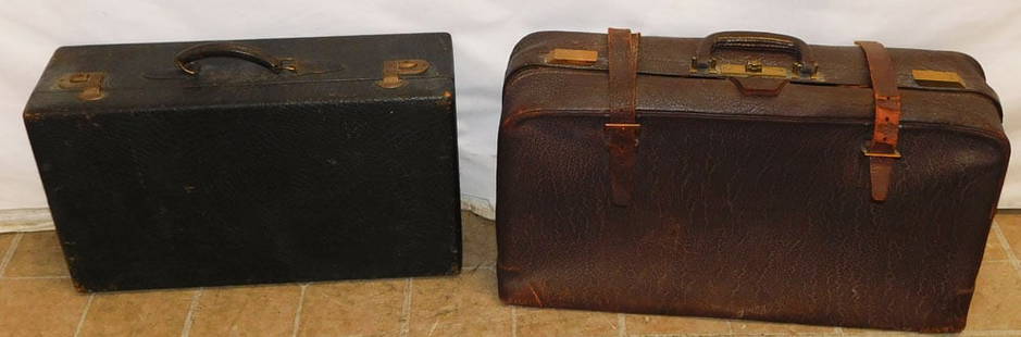 2 Antique Leather & Brass Suitcases: 2 Antique Leather & Brass Suitcases. 25 1/2" W 7 1/2" D 15" H0 ALL DESCRIPTIONS AND ANY CONDITION STATEMENT GIVEN BY LANGSTON AUCTION GALLERY ARE STRICTLY OPINIONS AND LANGSTON'S SHALL HAVE NO RESPONS