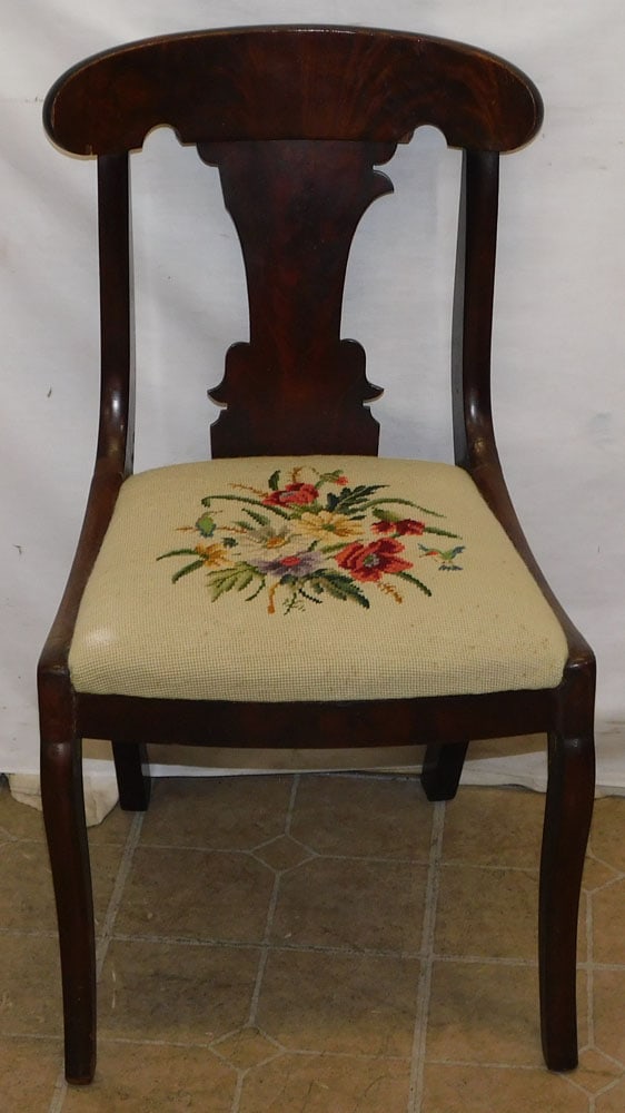 Antique Mahogany Side Chair with Needlepoint Seat: Antique Mahogany Side Chair with Needlepoint Seat . 32" H ALL DESCRIPTIONS AND ANY CONDITION STATEMENT GIVEN BY LANGSTON AUCTION GALLERY ARE STRICTLY OPINIONS AND LANGSTON'S SHALL HAVE NO RESPONSIBILI