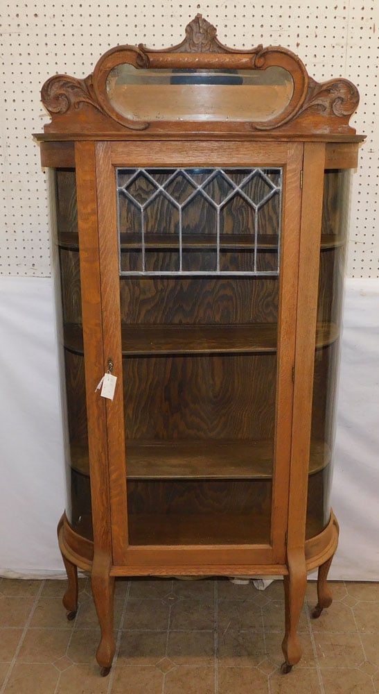 Antique Oak Leaded Glass Door Bowfront China Cabinet (1 of 5)