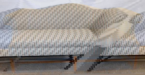 Mahogany Chinese Chippendale Upholstered Camel Back Sofa: Mahogany Chinese Chippendale Upholstered Camel Back Sofa . 76" W 34 1/2" H ALL DESCRIPTIONS AND ANY CONDITION STATEMENT GIVEN BY LANGSTON AUCTION GALLERY ARE STRICTLY OPINIONS AND LANGSTON'S SHALL HAV