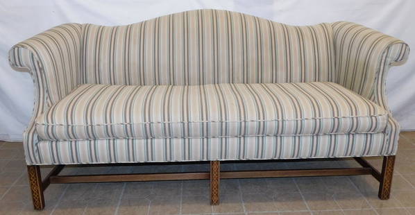 Mahogany Chinese Chippendale Upholstered Camel Back Sofa: Mahogany Chinese Chippendale Upholstered Camel Back Sofa . 76" W 34 1/2" H ALL DESCRIPTIONS AND ANY CONDITION STATEMENT GIVEN BY LANGSTON AUCTION GALLERY ARE STRICTLY OPINIONS AND LANGSTON'S SHALL HAV