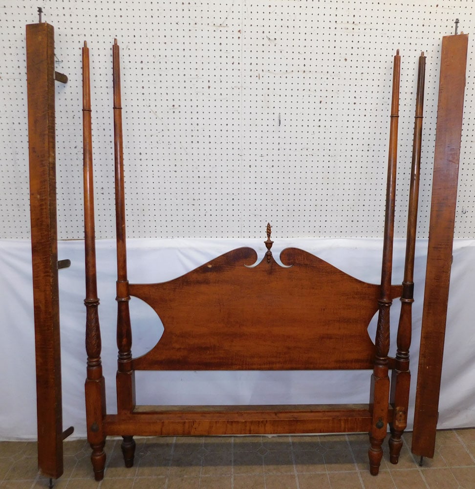 Antique Tiger Maple Pencil Post Double Bed with Rails (1 of 5)