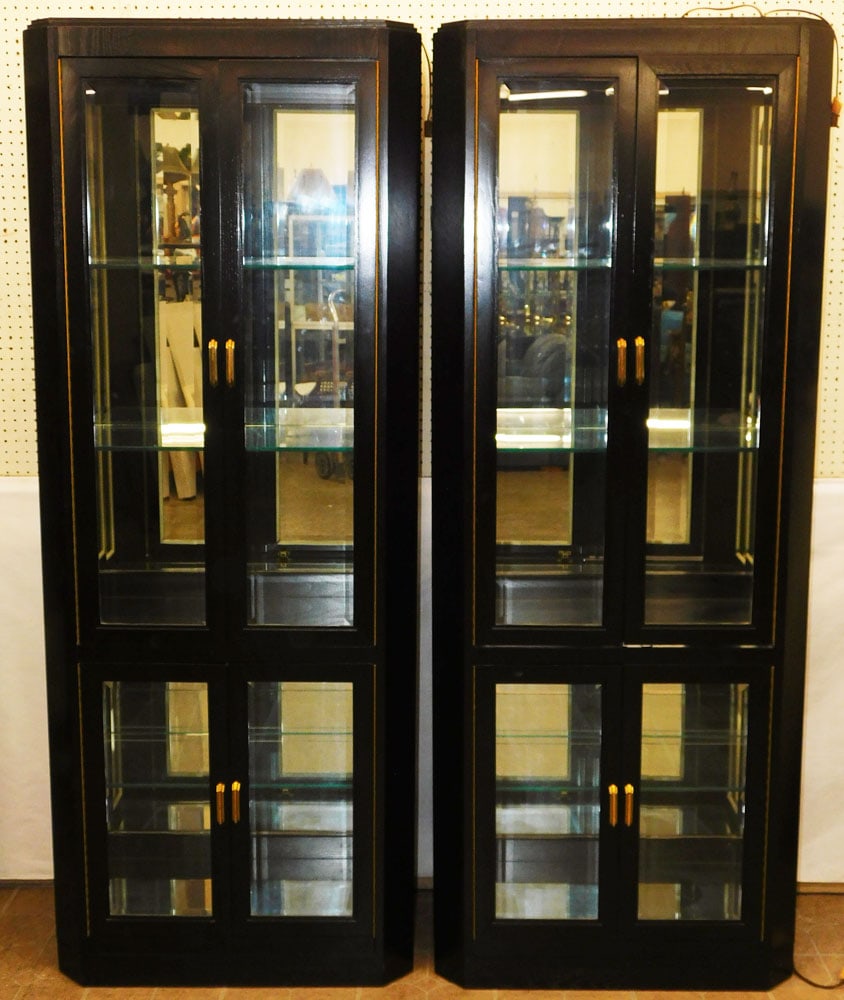 Pair of Black Lacquered Lighted Modern Curio Cabinets (1 of 10)