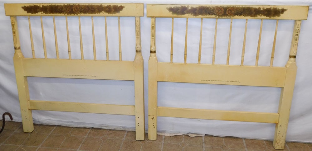 Pair of Painted Hitchcock Twin Headboards: Pair of Painted Hitchcock Twin Headboards. 40" x 40 1/2" ALL DESCRIPTIONS AND ANY CONDITION STATEMENT GIVEN BY LANGSTON AUCTION GALLERY ARE STRICTLY OPINIONS AND LANGSTON'S SHALL HAVE NO RESPONSIBILIT