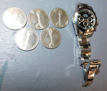 Rolex Clone Watch & Golf Tokens: Rolex Clone Watch & Golf Tokens. ALL DESCRIPTIONS AND ANY CONDITION STATEMENT GIVEN BY LANGSTON AUCTION GALLERY ARE STRICTLY OPINIONS AND LANGSTON'S SHALL HAVE NO RESPONSIBILITY FOR ERRORS OR OMISSION