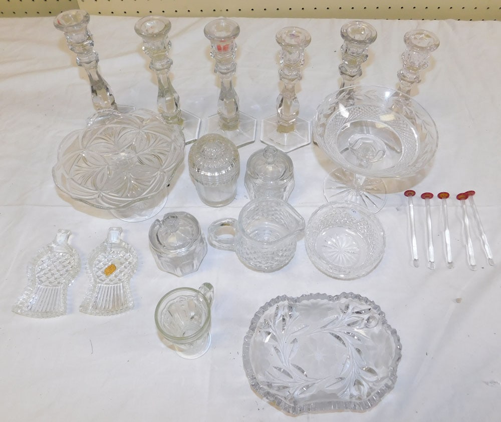 Lot Glass Candlesticks: Lot Glass Candlesticks. ALL DESCRIPTIONS AND ANY CONDITION STATEMENT GIVEN BY LANGSTON AUCTION GALLERY ARE STRICTLY OPINIONS AND LANGSTON'S SHALL HAVE NO RESPONSIBILITY FOR ERRORS OR OMISSIONS. THE AB
