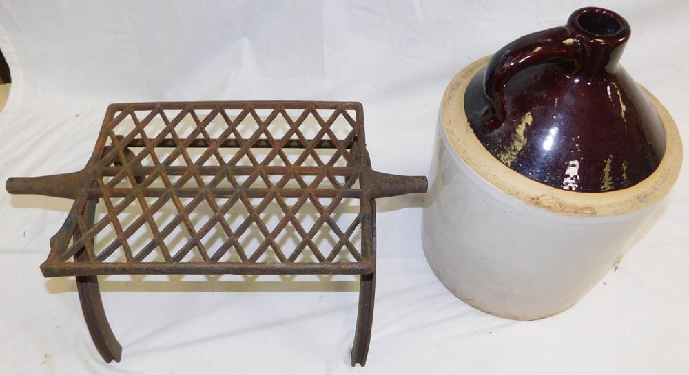 Stone Ware Whiskey Jug & Metal Stand: Stone Ware Whiskey Jug & Metal Stand. ALL DESCRIPTIONS AND ANY CONDITION STATEMENT GIVEN BY LANGSTON AUCTION GALLERY ARE STRICTLY OPINIONS AND LANGSTON'S SHALL HAVE NO RESPONSIBILITY FOR ERRORS OR OMI