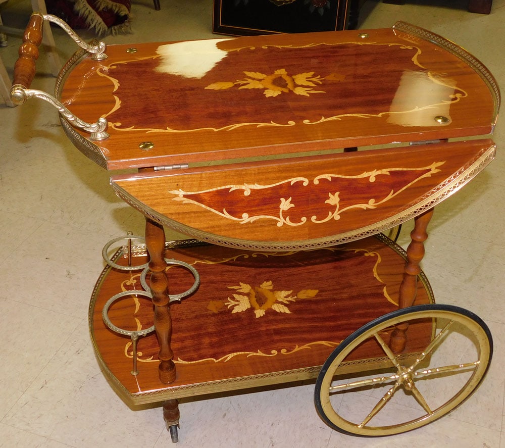 French Walnut Inlay Tea Cart With Brass Gallery (1 of 5)
