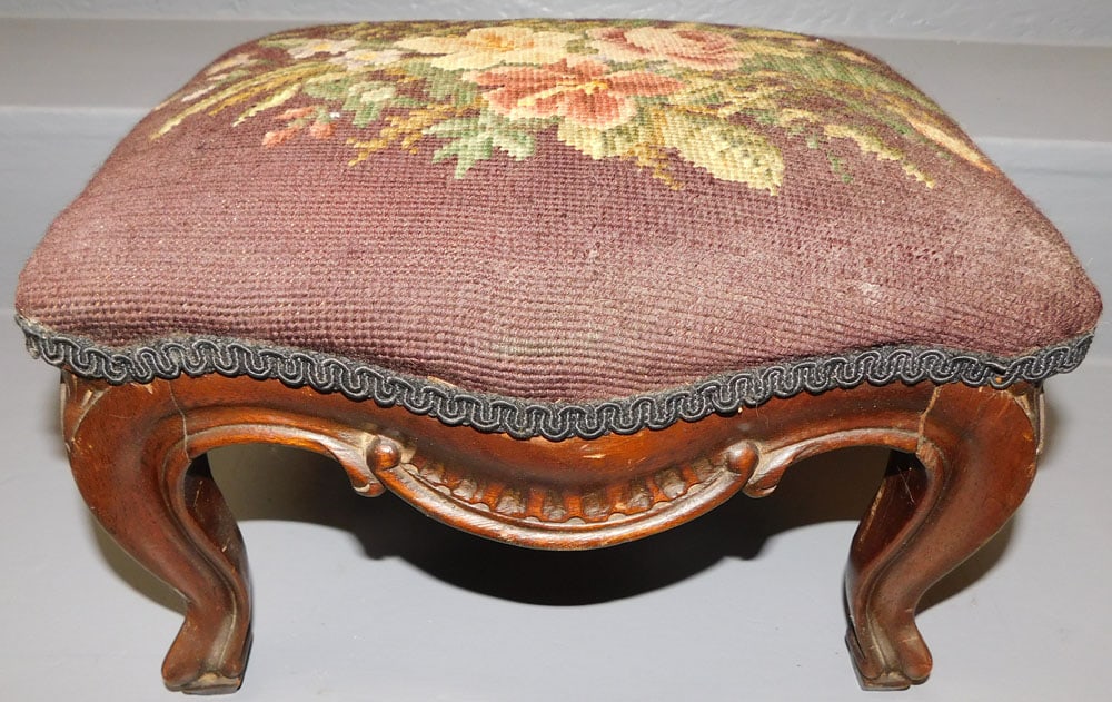 Antique Walnut Needlepoint Upholstered Foot Stool (1 of 4)