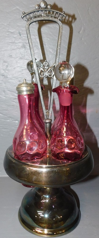 Victorian Silver Plate Cruet Set With Cranberry Glass Cruets (1 of 4)